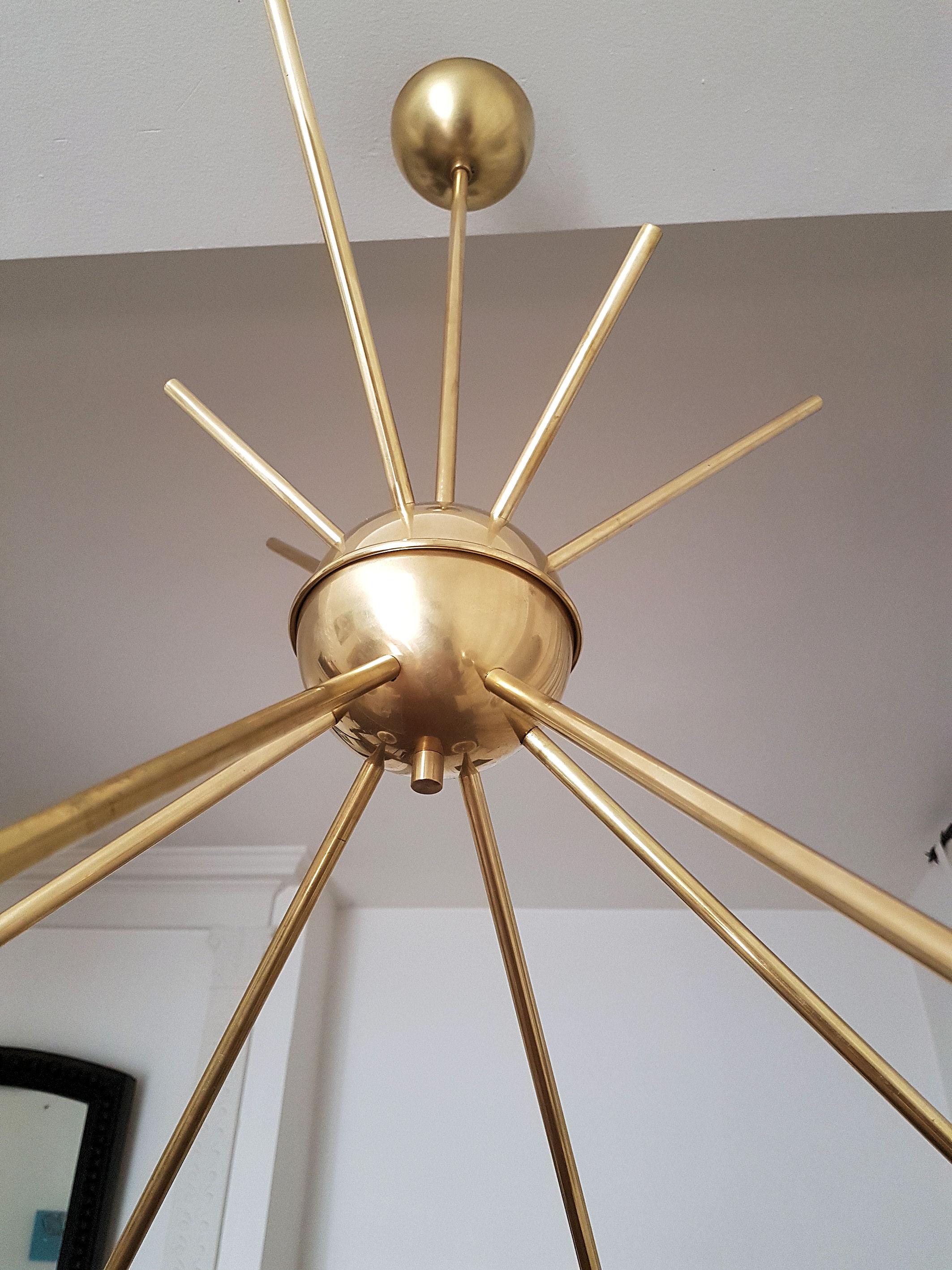 Two Large Midcentury Brass and Glass Sputnik Chandeliers, Stilnovo Style, 1970s 2