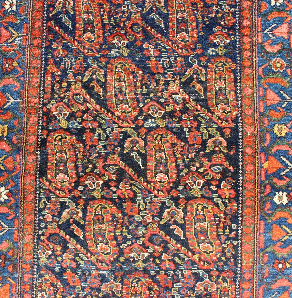 All-Over Design Antique Persian Malayer Long Runner in Blue and Burnt Orange  2