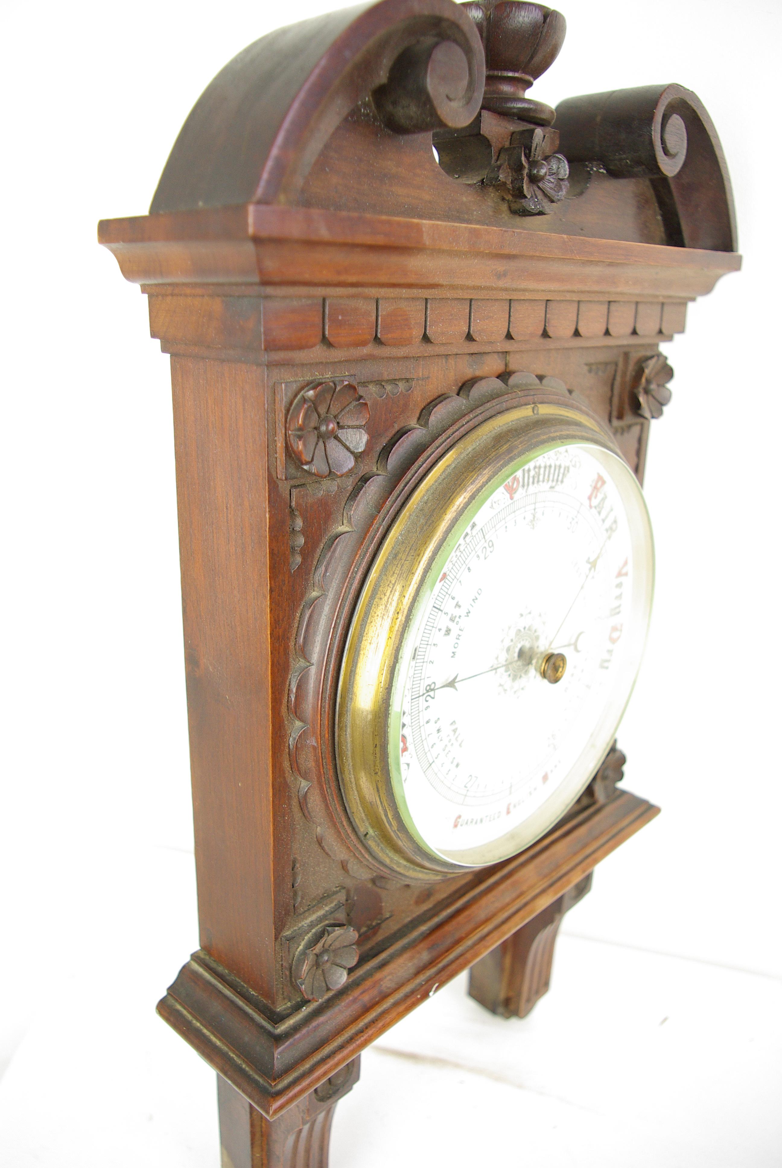 Walnut Antique Barometer, Aneroid Barometer, Decorative Barometer, Scotland, 1890