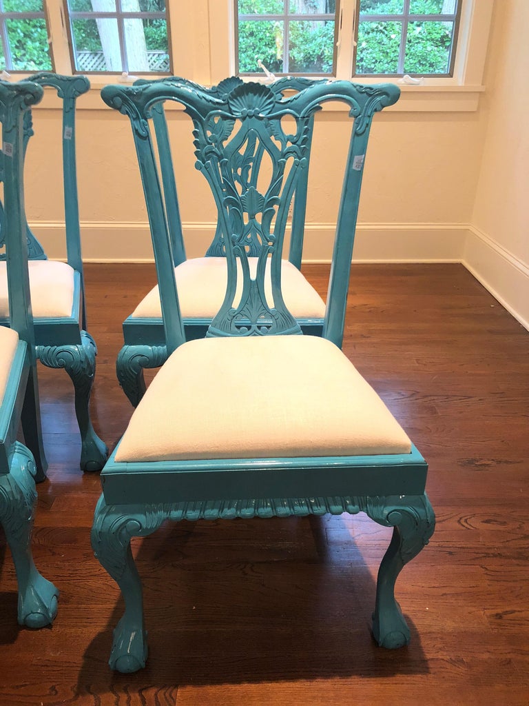 Glamorous Set of 8 Lacquered Carved Wood Dining Chairs For Sale at 1stdibs