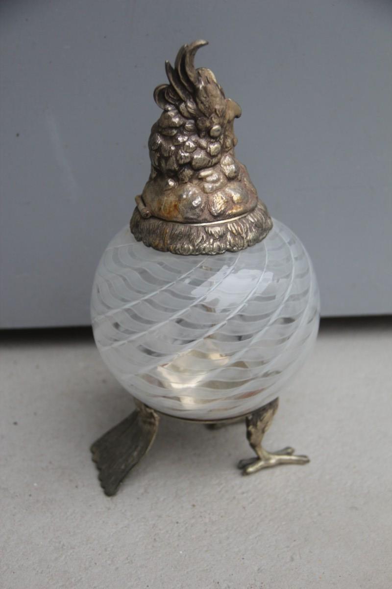 Box with Glass Lid Owl 1960 Italian Design Murano Glass Metal Chrome Brass For Sale 4