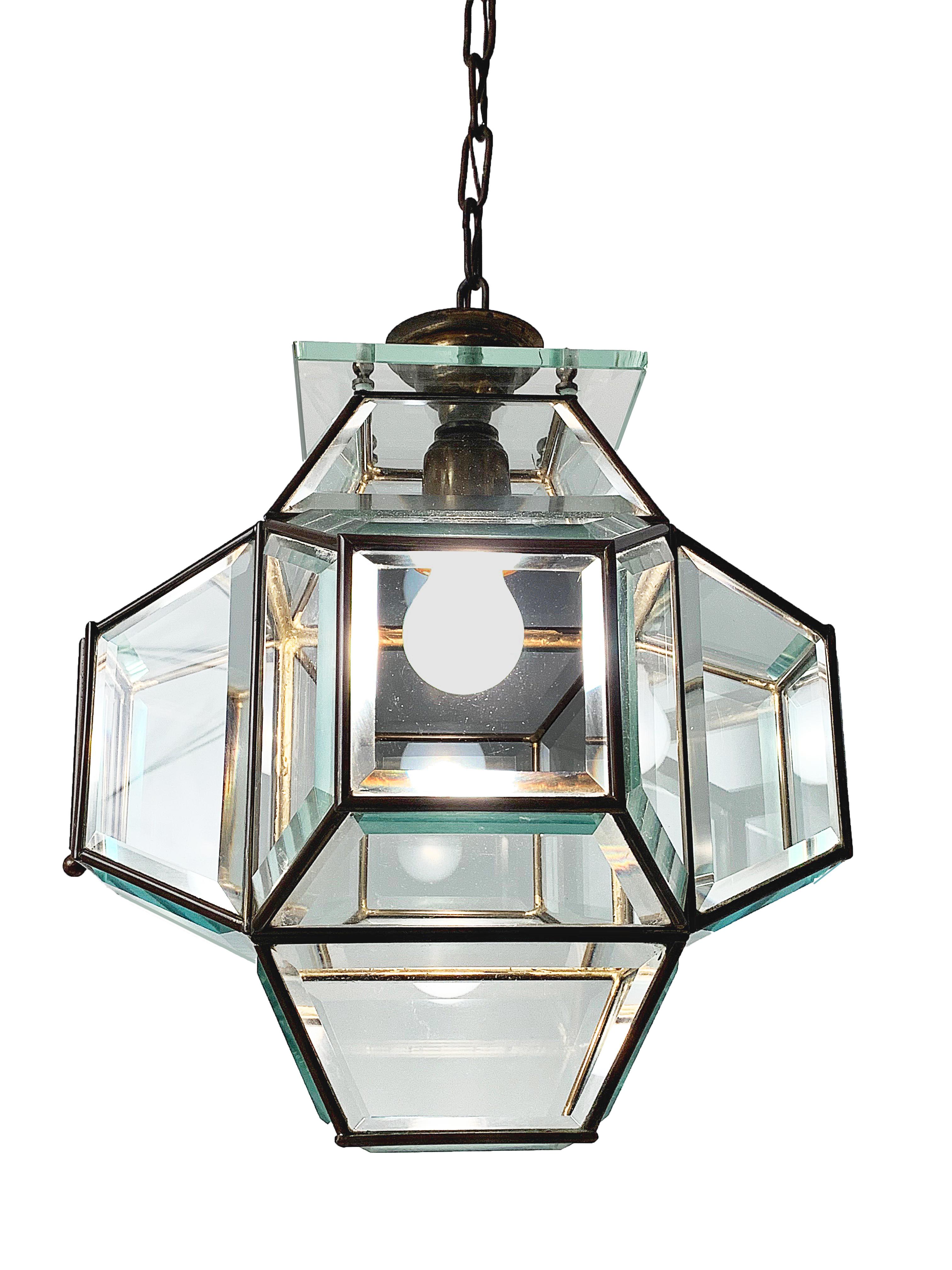 1950s Glass and Brass Lantern Attributed to Fontana Arte, Italy Lighting 3