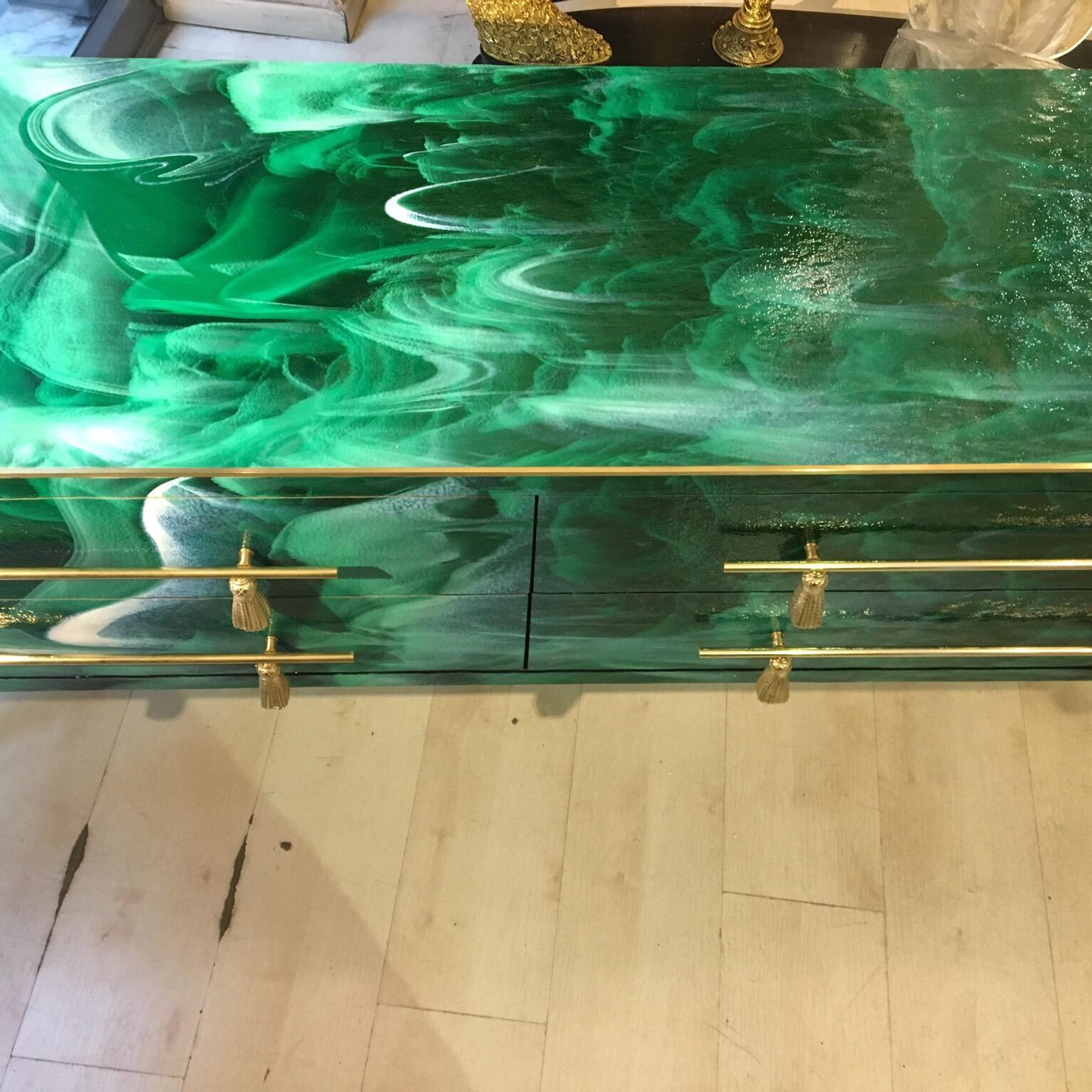 Italian Green Opaline Glass Chest of Drawers Malachite Effect and Brass, 1970s 4