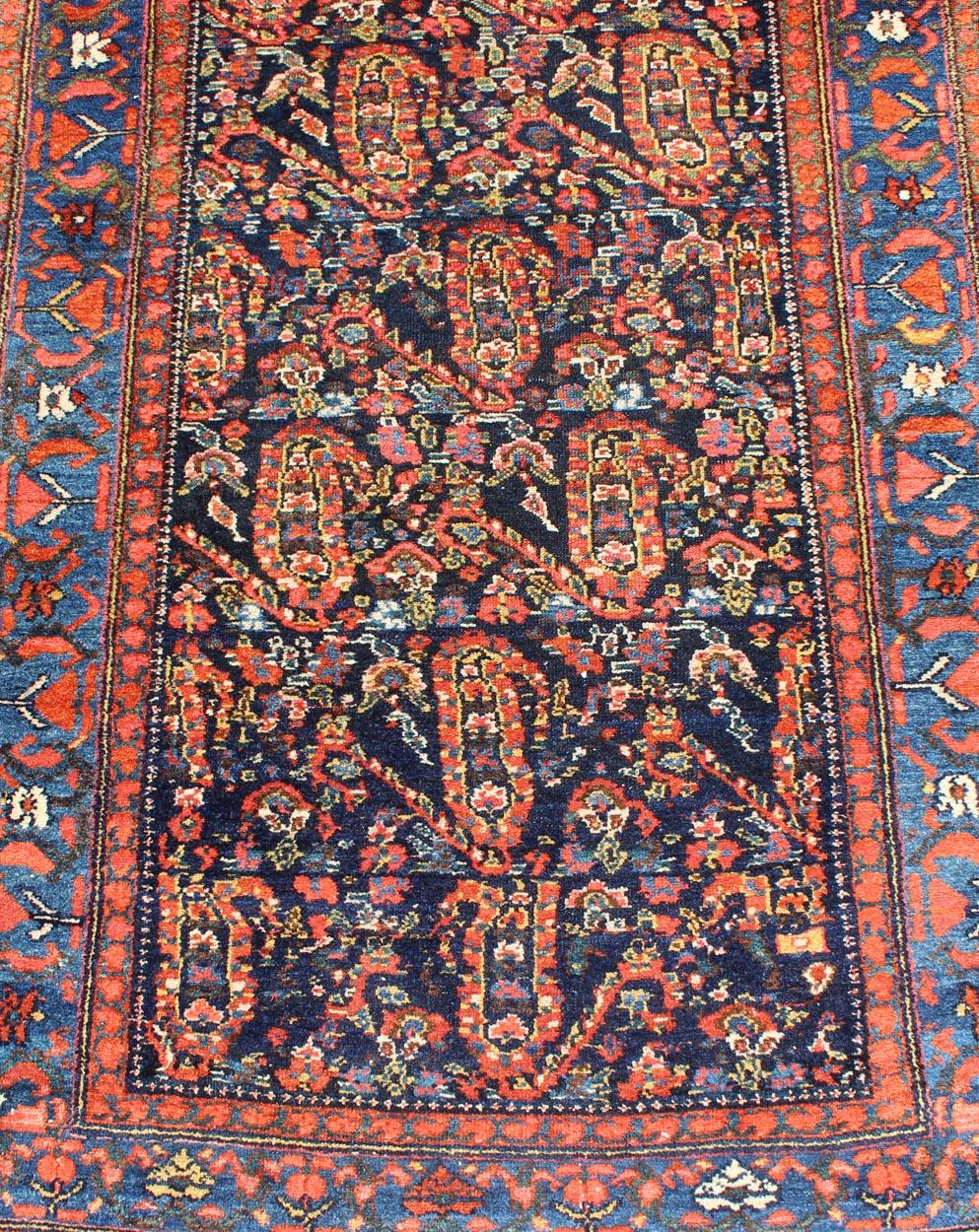 All-Over Design Antique Persian Malayer Long Runner in Blue and Burnt Orange  3