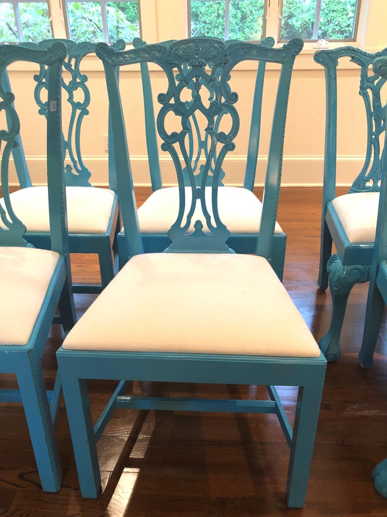 Glamorous Set of 8 Lacquered Carved Wood Dining Chairs For Sale at 1stdibs