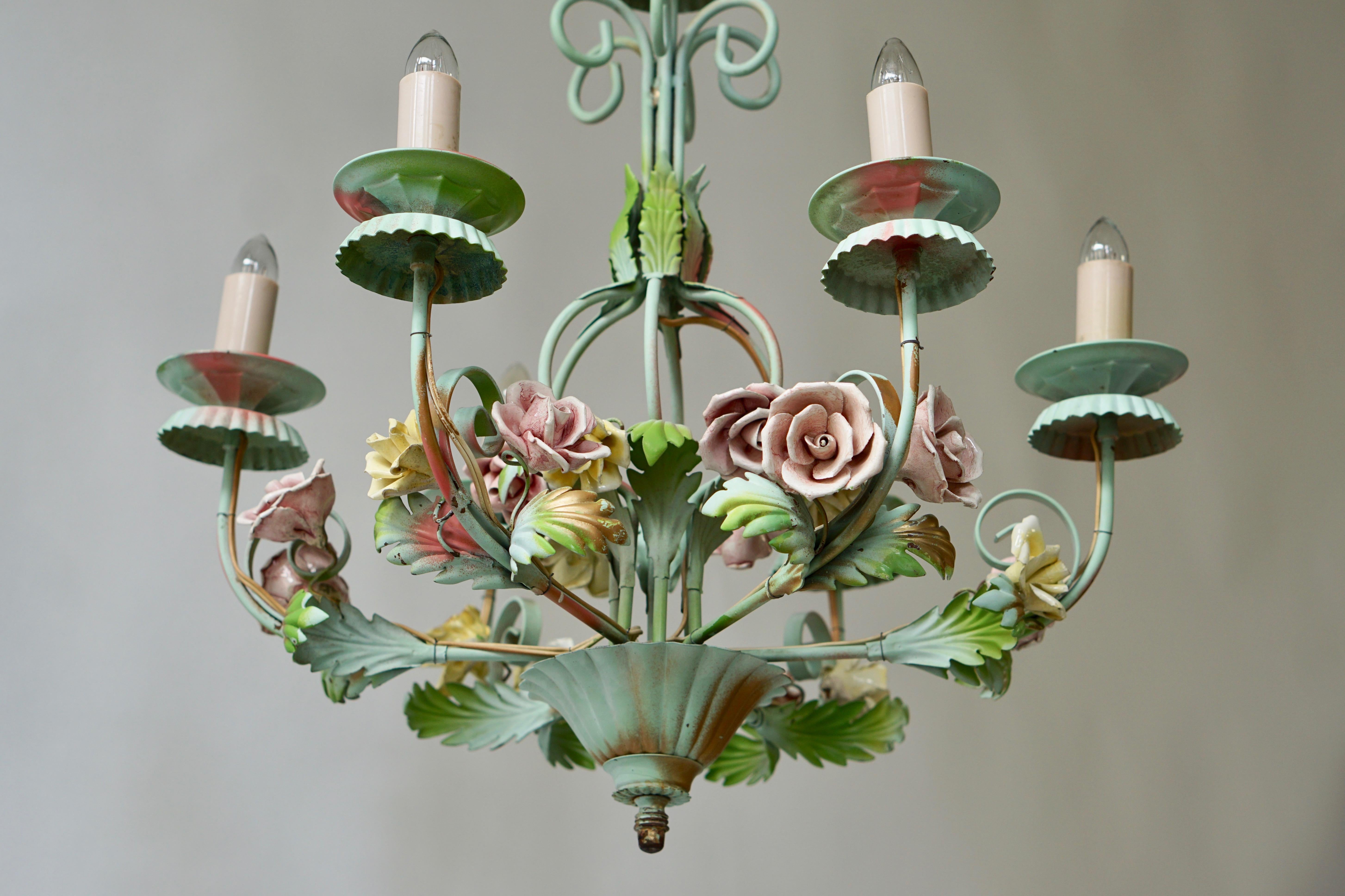 Italian Tole Chandelier with Flowers 1