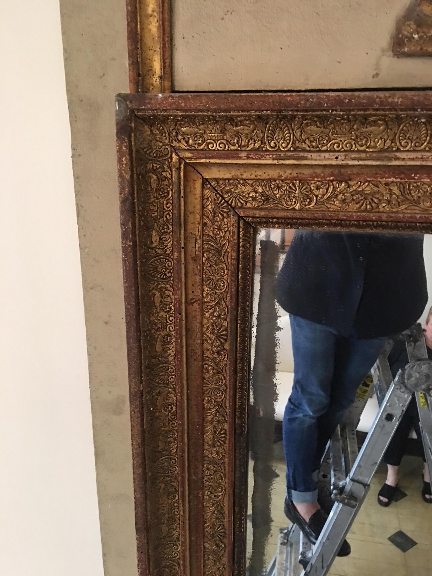 French Louis XVI Style Patinated and Giltwood Trumeau Mirror, 19th Century 5