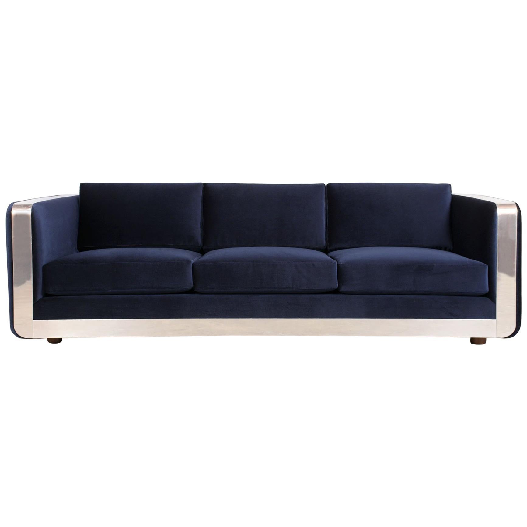 Milo Baughman Style Velvet Sofa