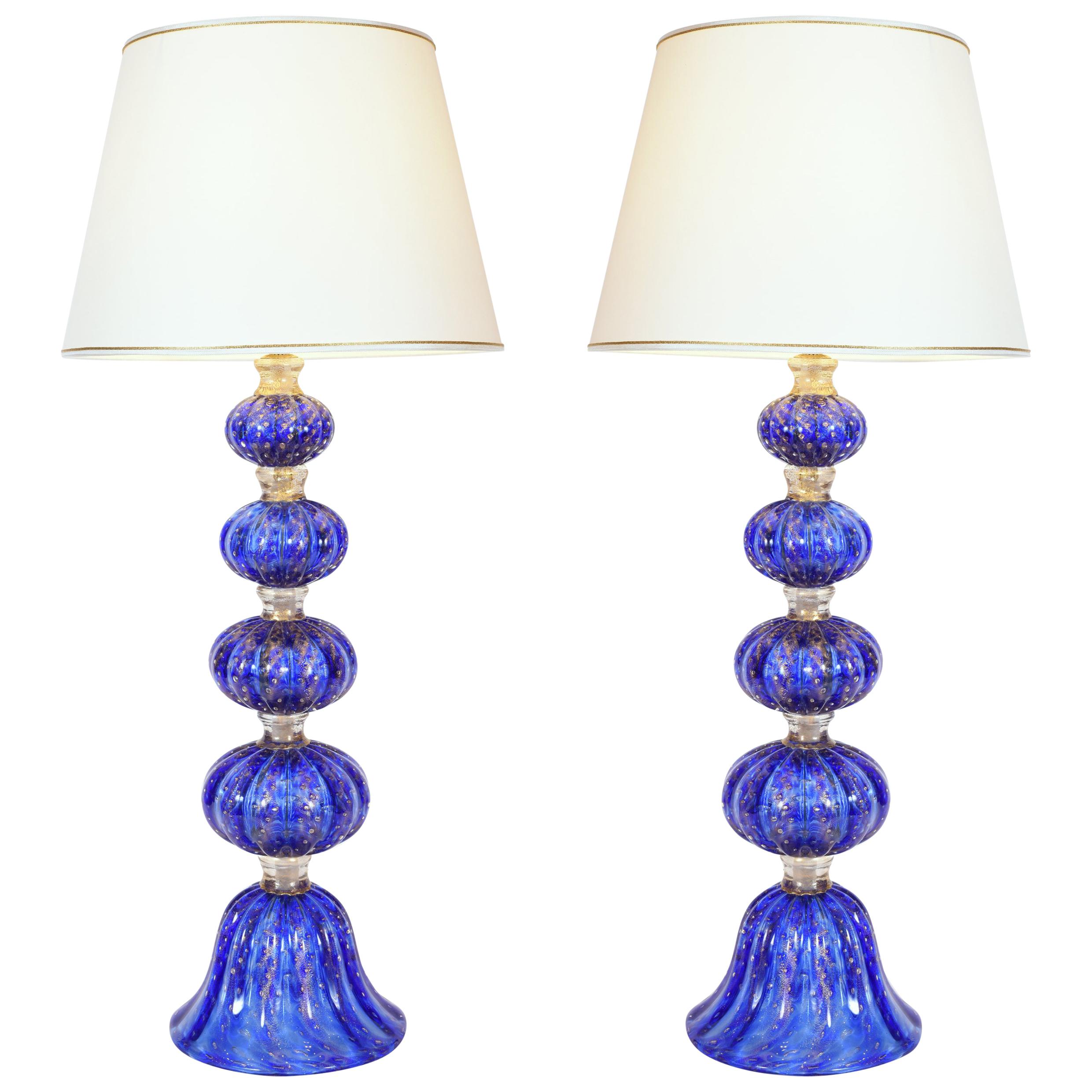 Exquisite Pair of Cobalt Blue with Gold Flecks Table Lamps