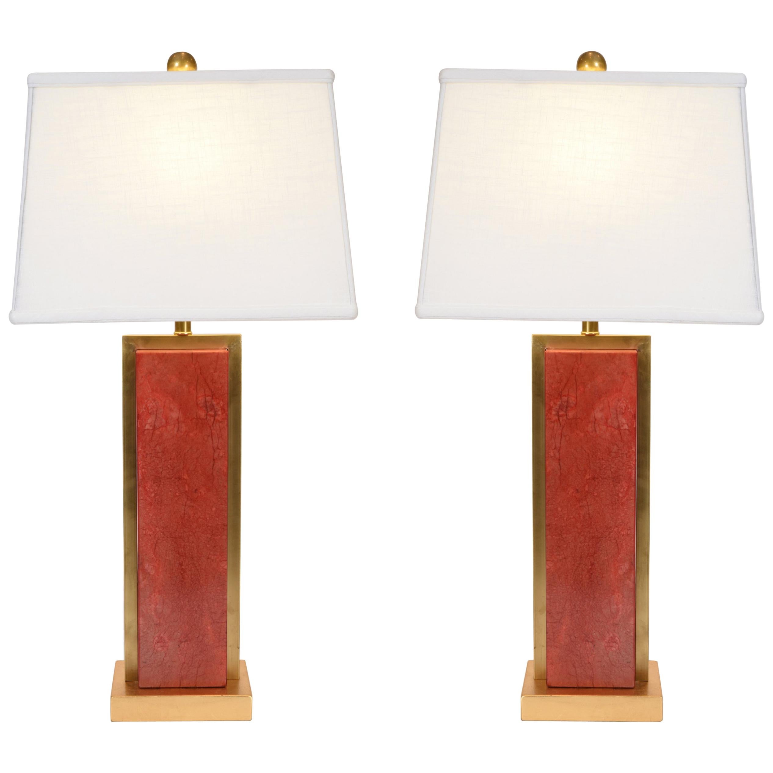 Pair of Orange Jade Table / Task Lamps with Brass Accent