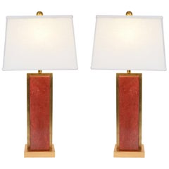 Paire de lampes de table / lampes à pampilles en jade orange avec détails en laiton