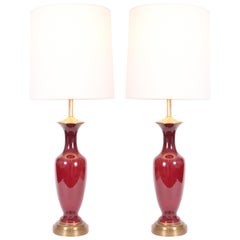 Vintage Pair of Porcelain with Brass Base Table or Task Lamps