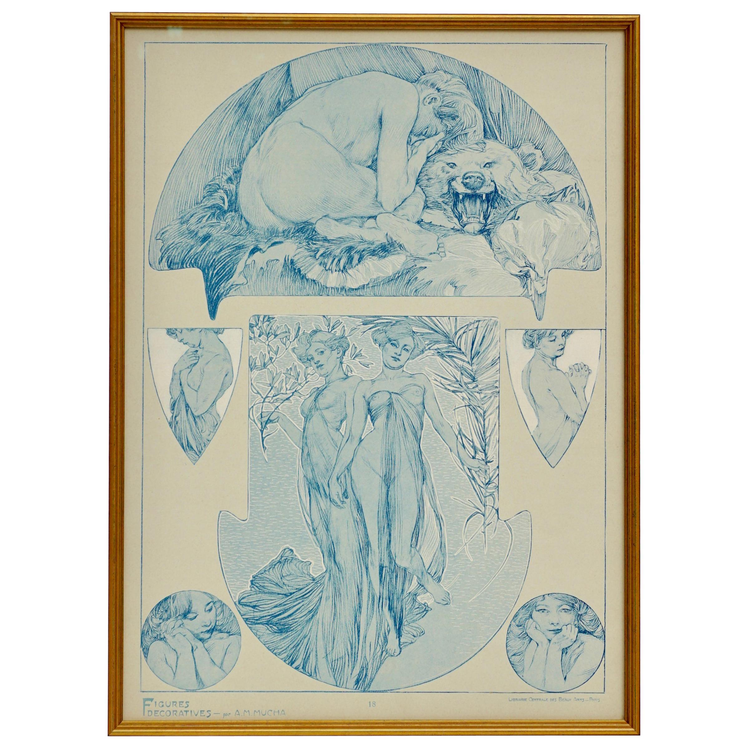 Alphonse Mucha collotype, plate 18 from "Figures Decoratives, " 1905