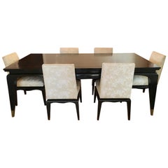 Six Chairs and Dining Table with Brass Inlay After James Mont