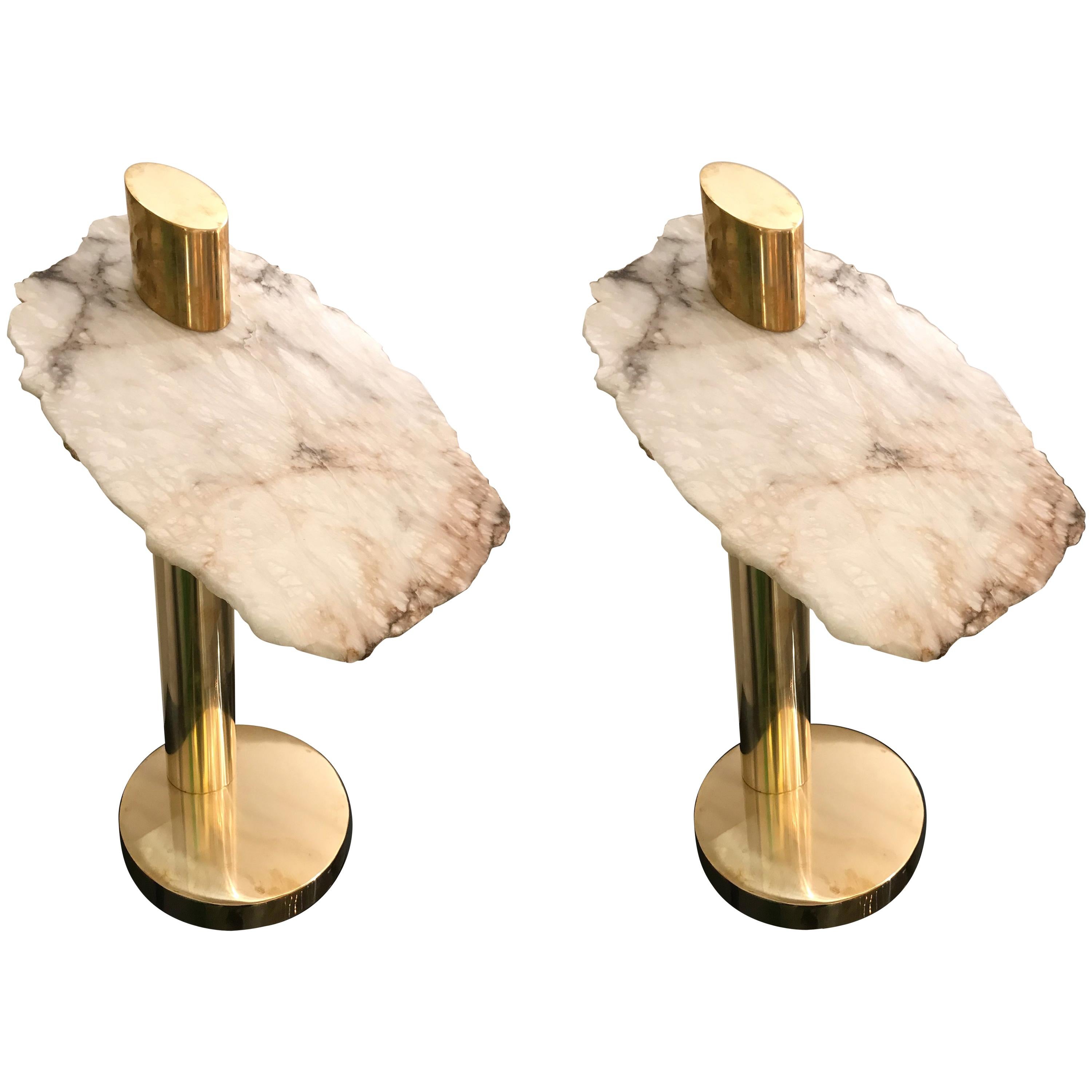 Contemporary Pair of Brass Alabaster Totem Lamps, Italy