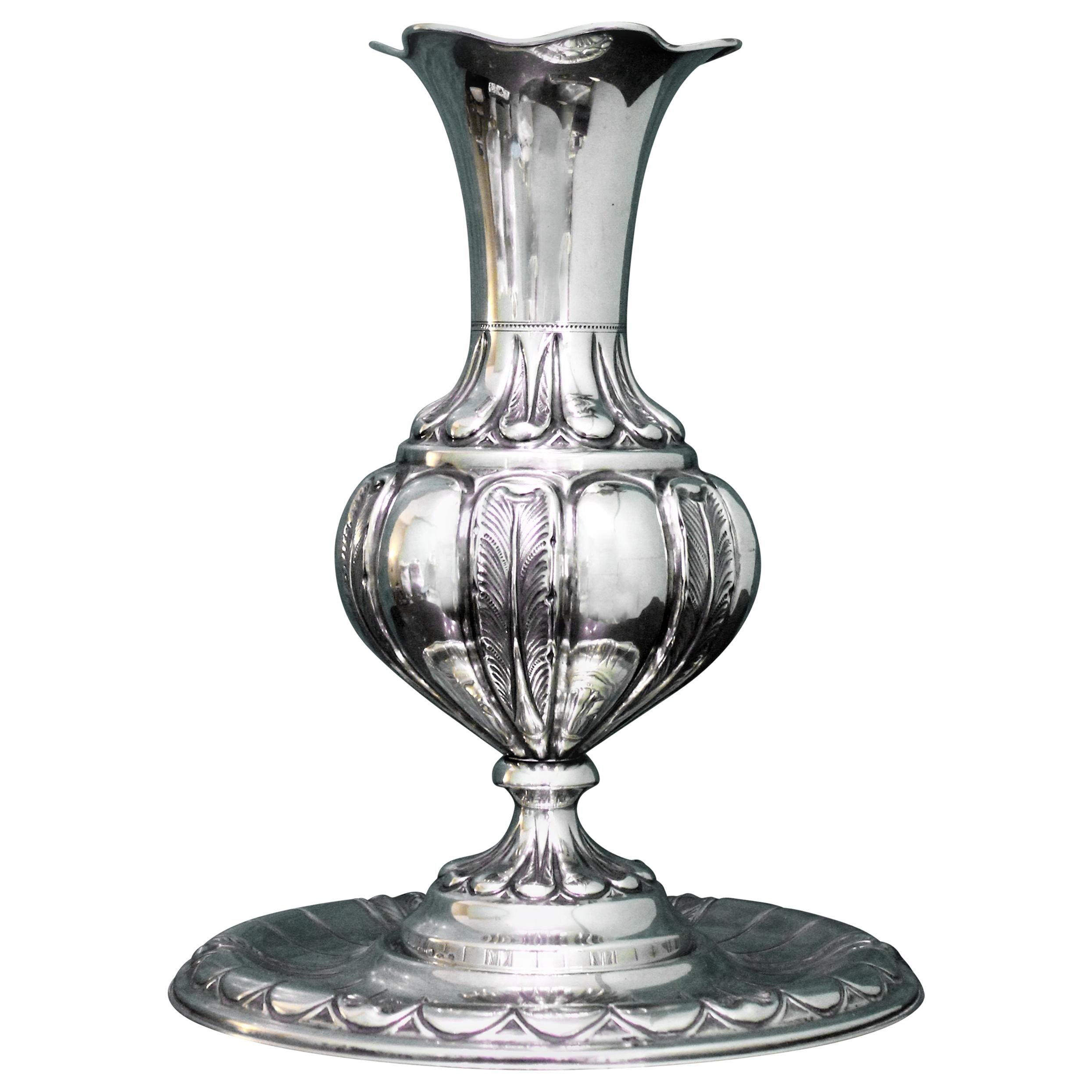 20th Century Baroque Engraved Italian Silver Flower Vase with Plate Milan, 1940s For Sale