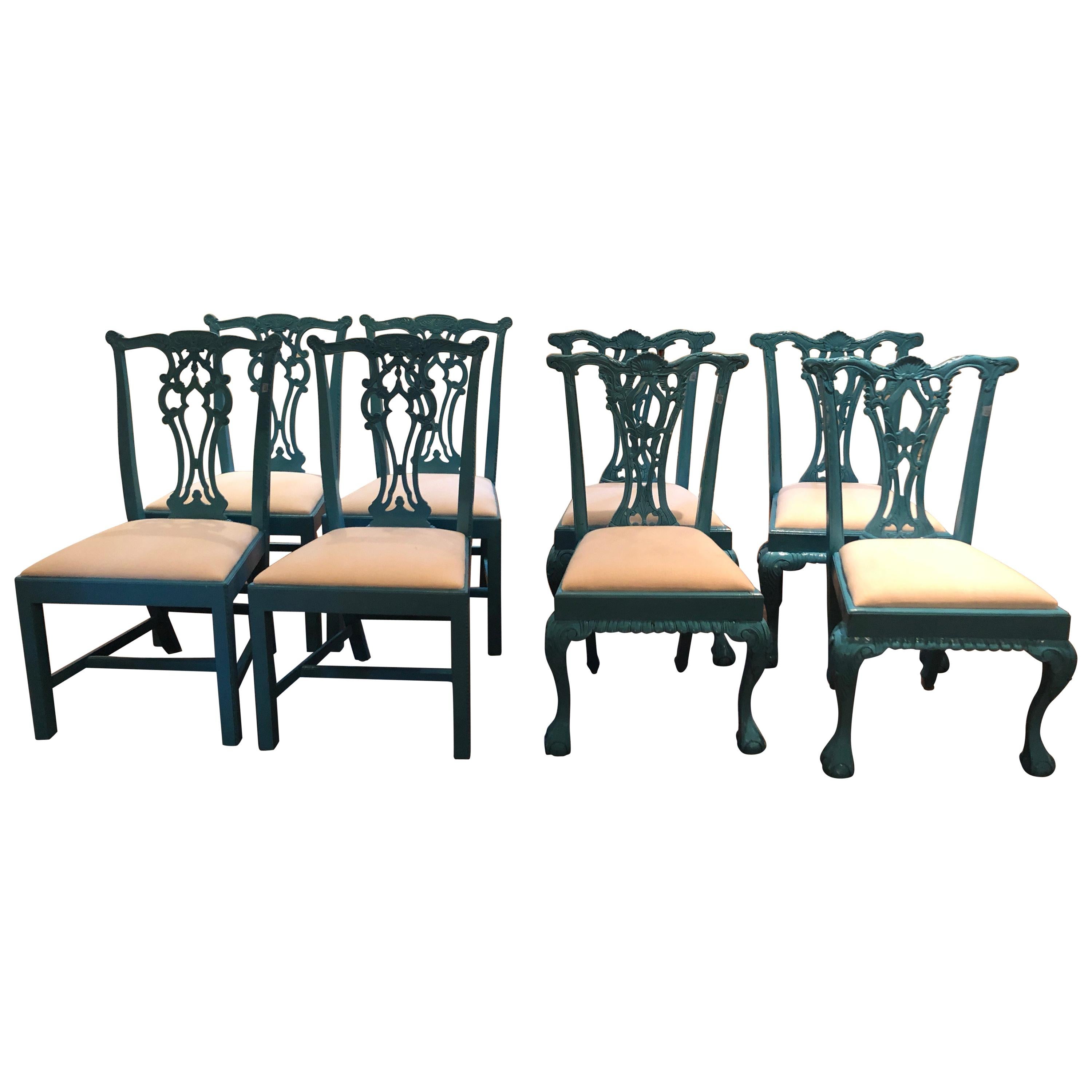 Glamorous Set of 8 Lacquered Carved Wood Dining Chairs