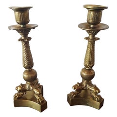 Pair of French Bronze Candlesticks in Charles X Style Marked DUN