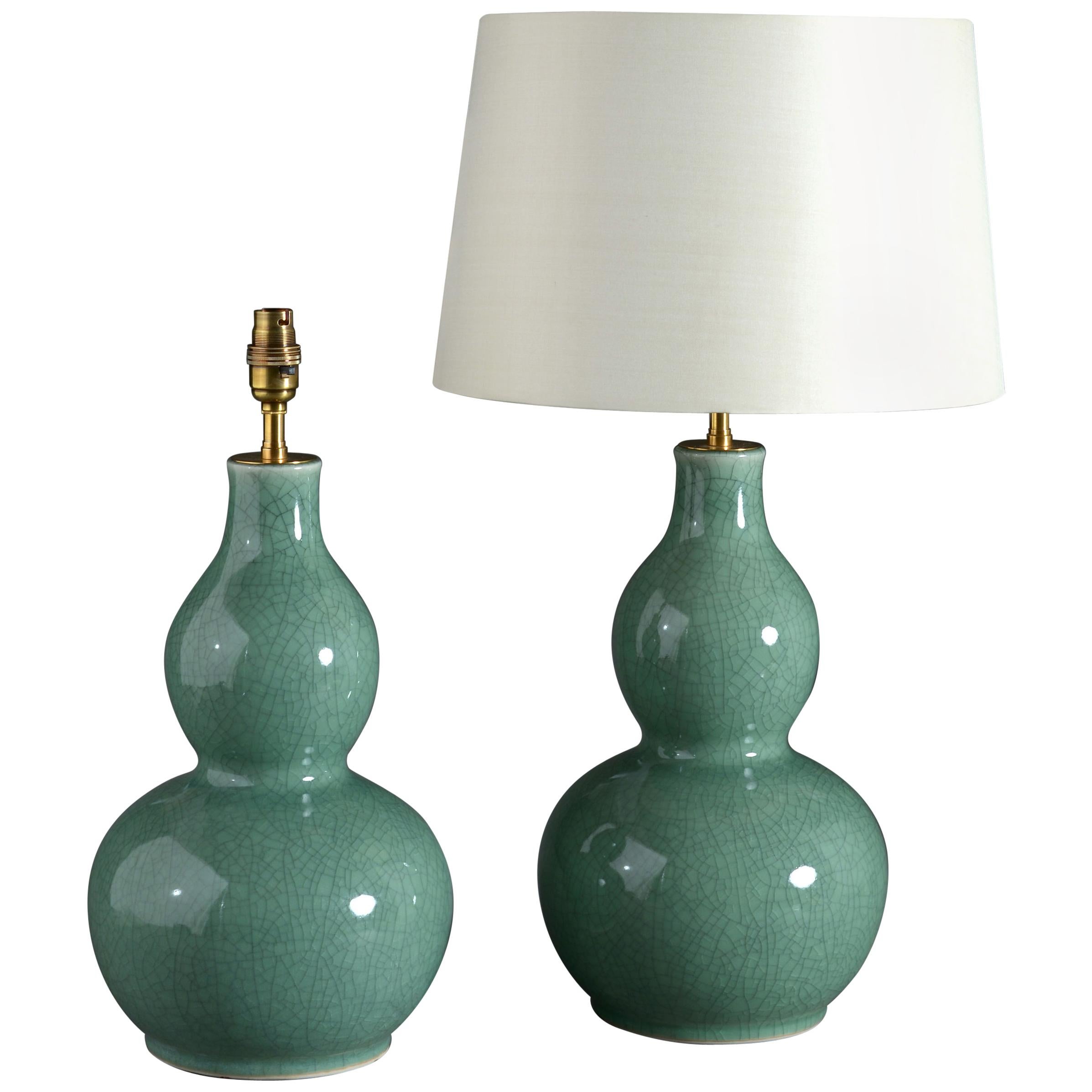 Pair of Celadon Porcelain Gourd Shaped Vase Lamps