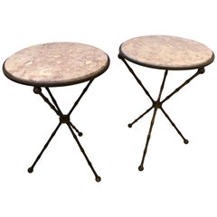Superb Pair of Brass Faux Bamboo and Marble Top Side or End Tables