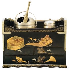 Superb Japanese Silver Lacquer Wood Auspicious Smoking Tansu, Complete