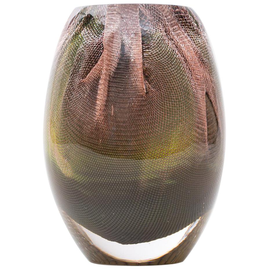 Glass and Copper Mesh Vase by Omer Arbel for OAO Works, Olive Green For Sale