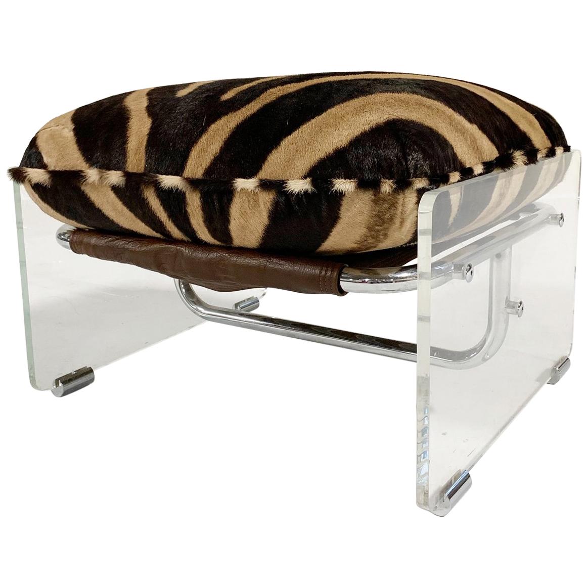 Vintage Pace Collection Argenta Lucite and Chrome Ottoman with Custom Zebra Hide