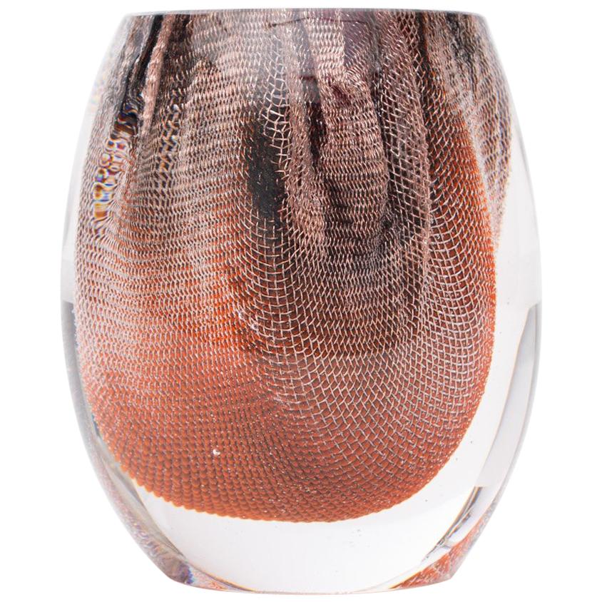 Glass and Copper Mesh Vase by Omer Arbel for OAO Works, Orange and Black For Sale