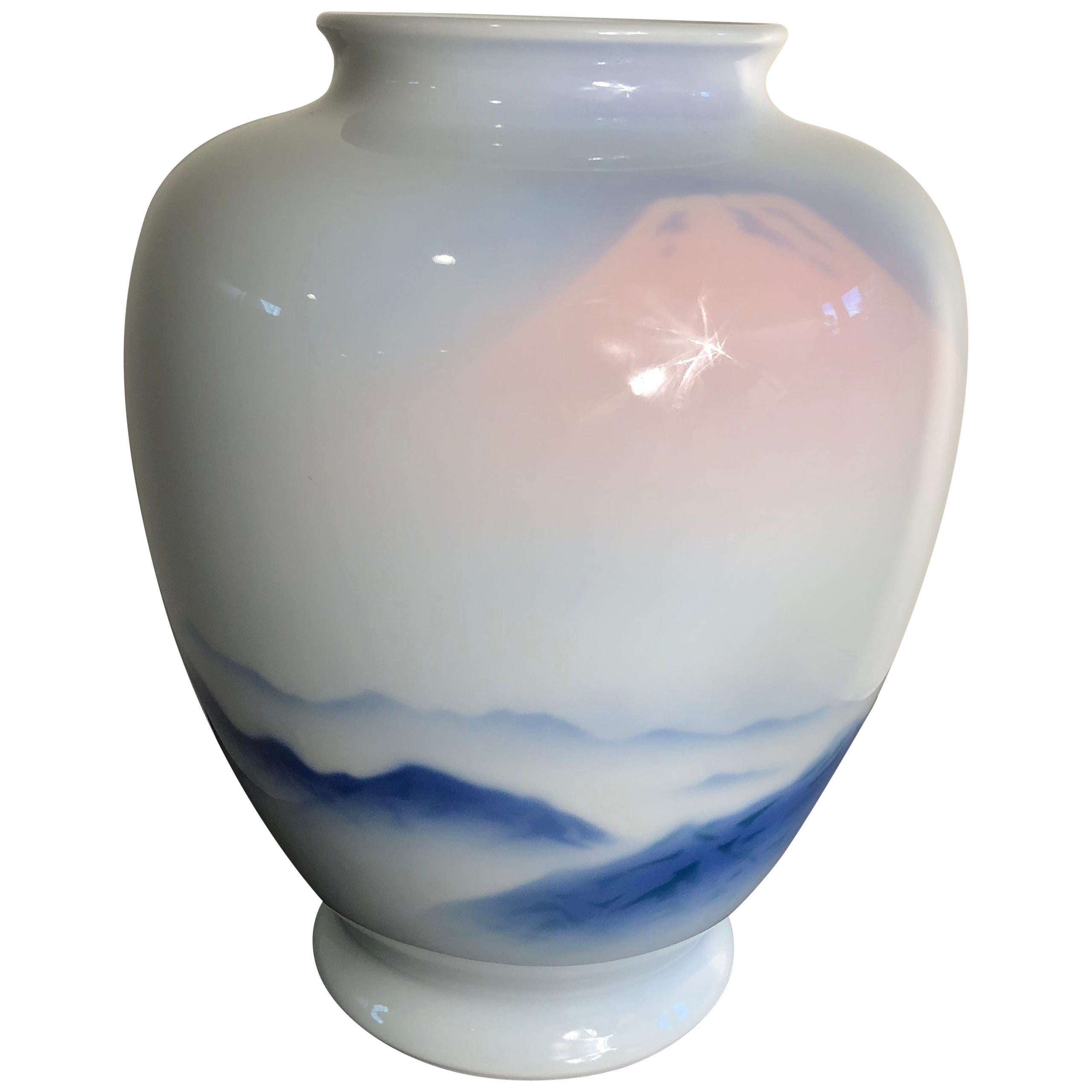 Japanese Fine Old Soft Blue Mountains Porcelain Vase, Mint, Signed and Boxed