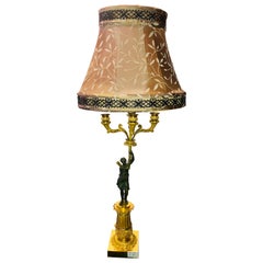 Antique Empire Doré Bronze Candelabra Lamp Having a Patinated Woman Mounted as a Lamp