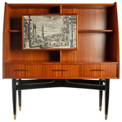 Nice Writing Desk Cabinet with Printed Architectural View on Door, Italy 1950s