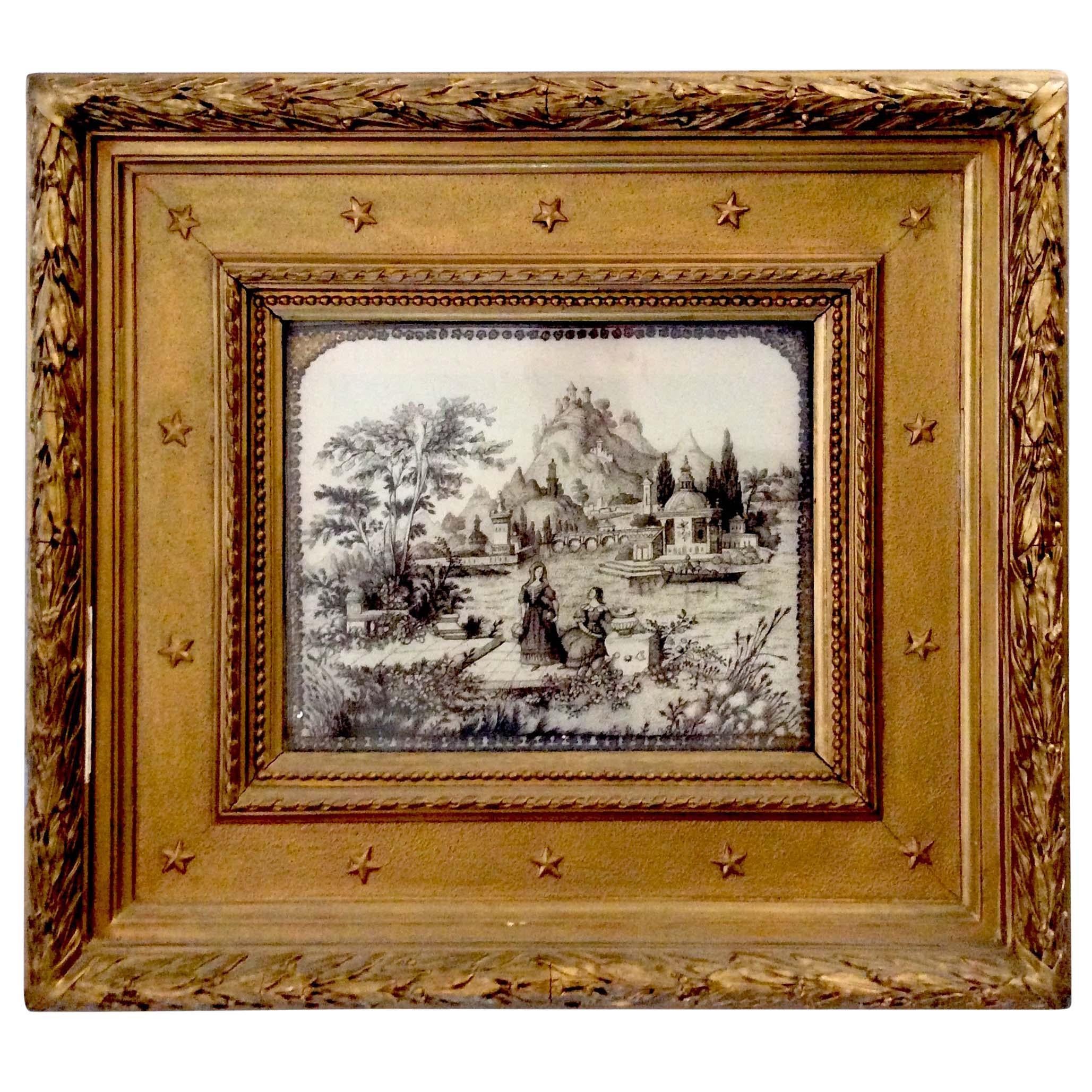 Antique Embroidered Italian Pastoral Scenic Framed Panel in Human Hair