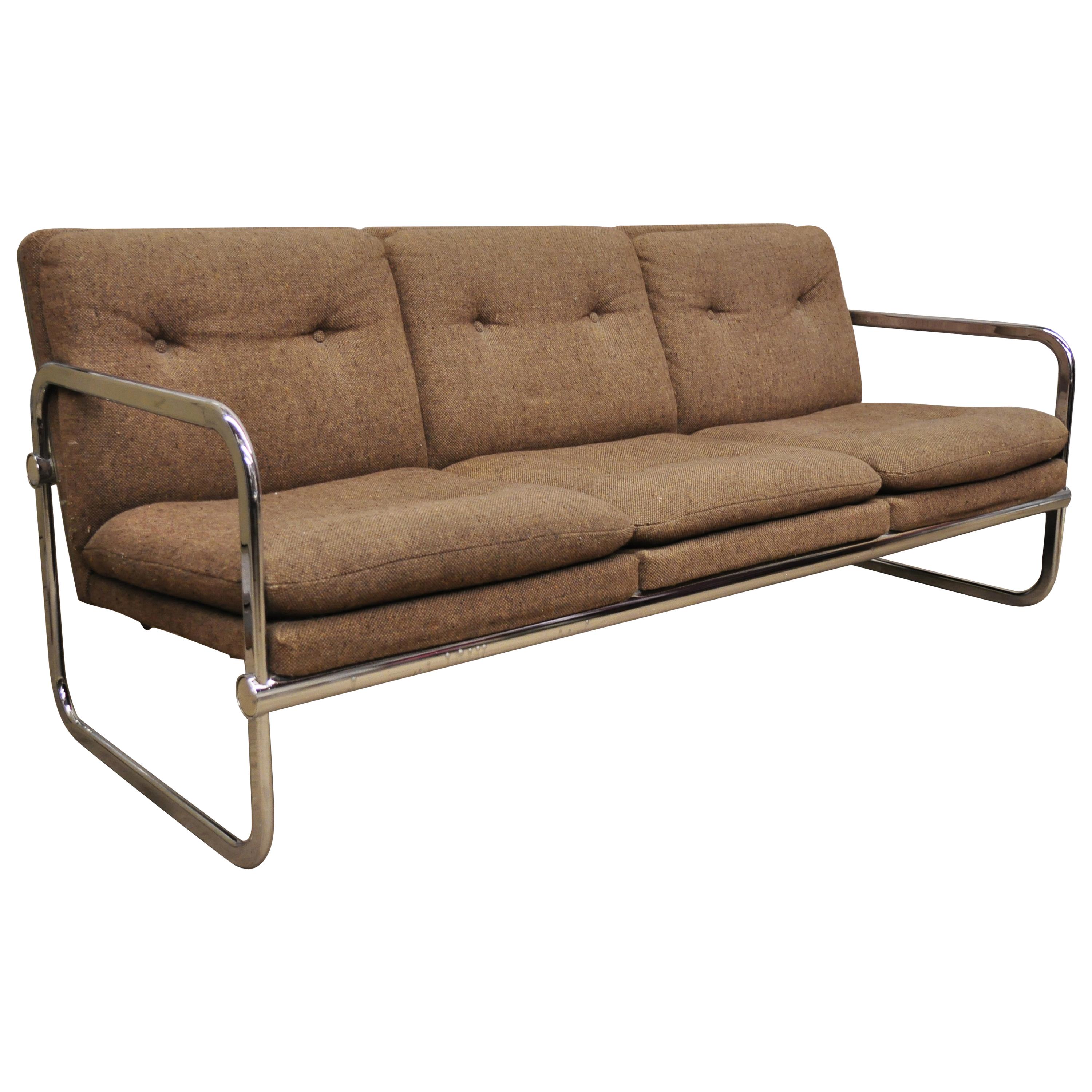Mid-Century Modern Chrome Frame Milo Baughman Style Sofa by United Chair