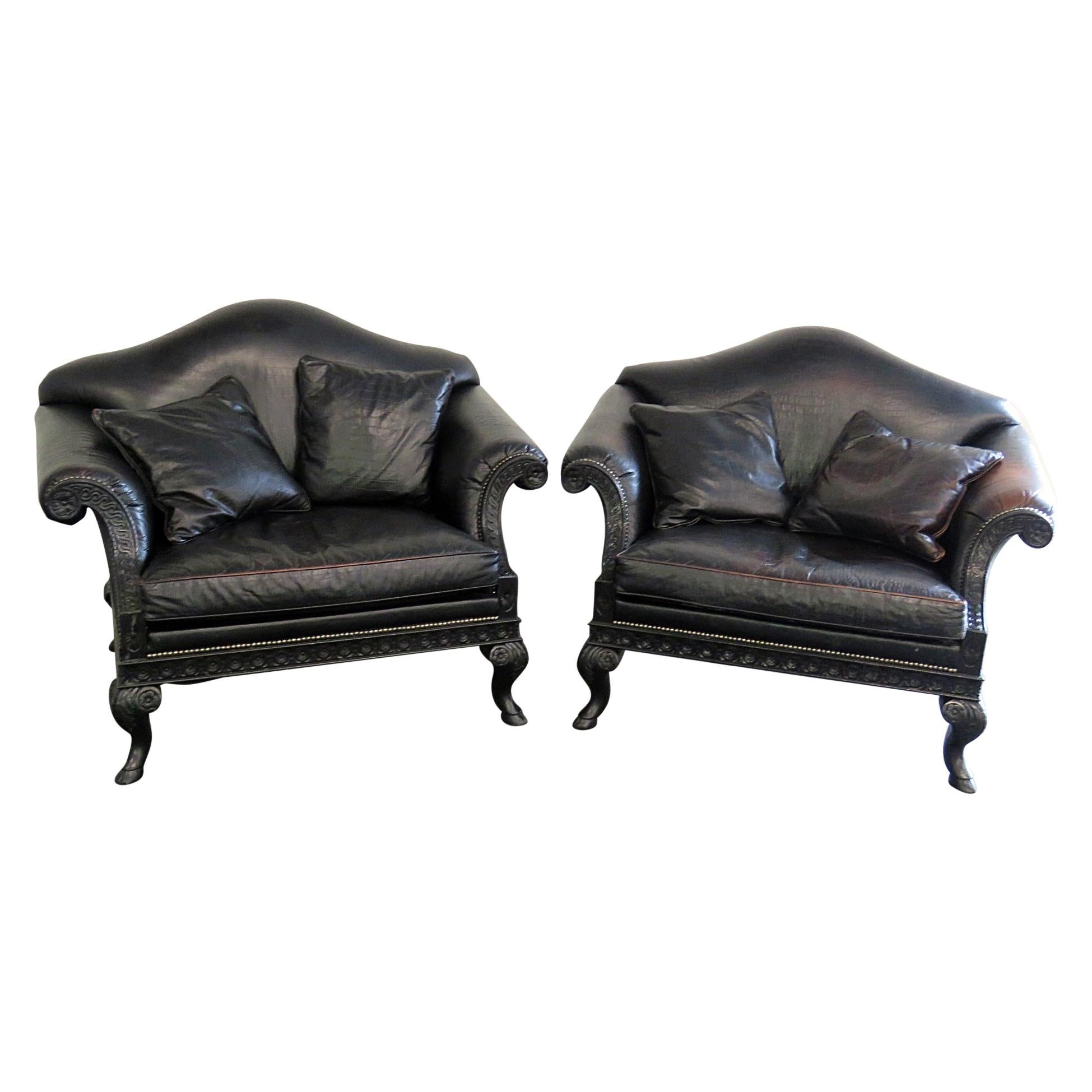 Pair of Georgian Rams Head Oversized Leather Club Chairs Armchairs