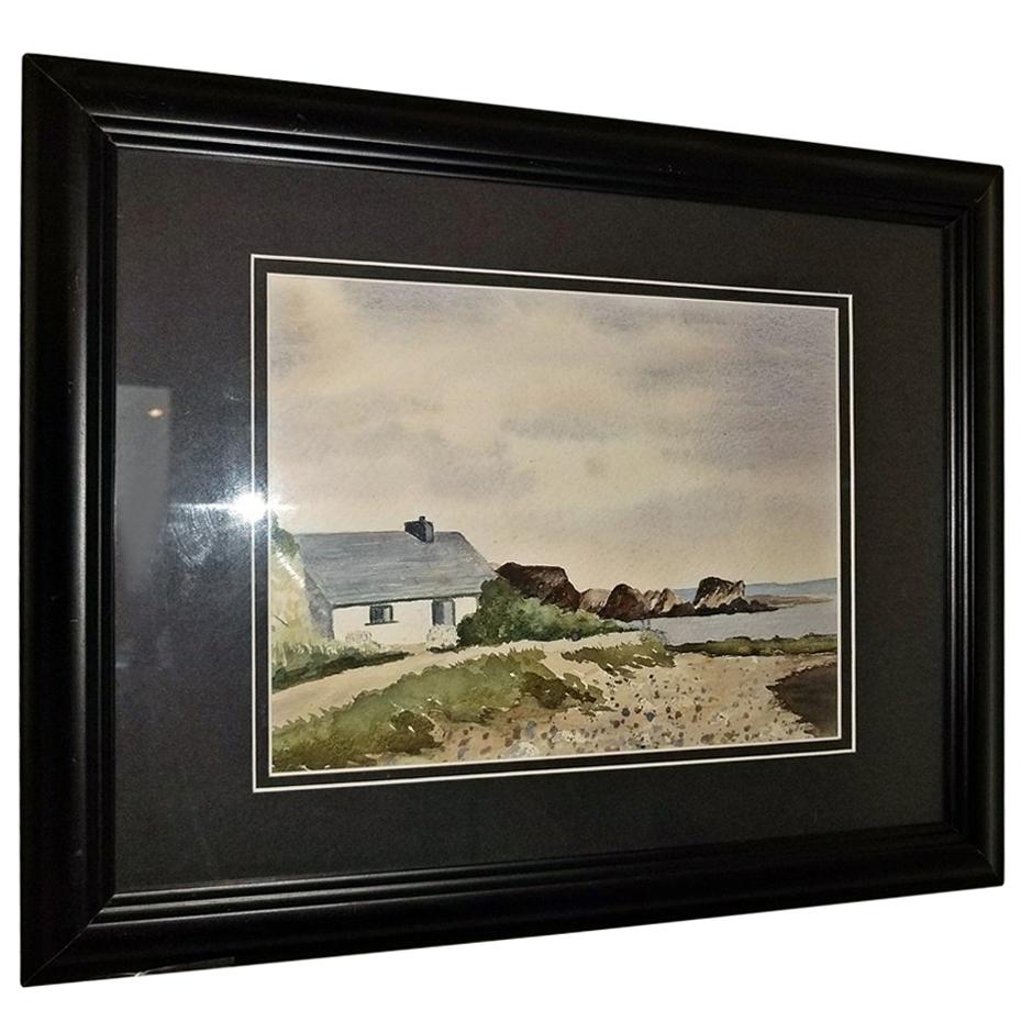 Irish Watercolor by M MacLoughlin of Cottage by the Sea For Sale
