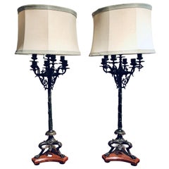 Pair of Empire 19th Century Bronze and Rouge Marble Base Candelabra Lamps