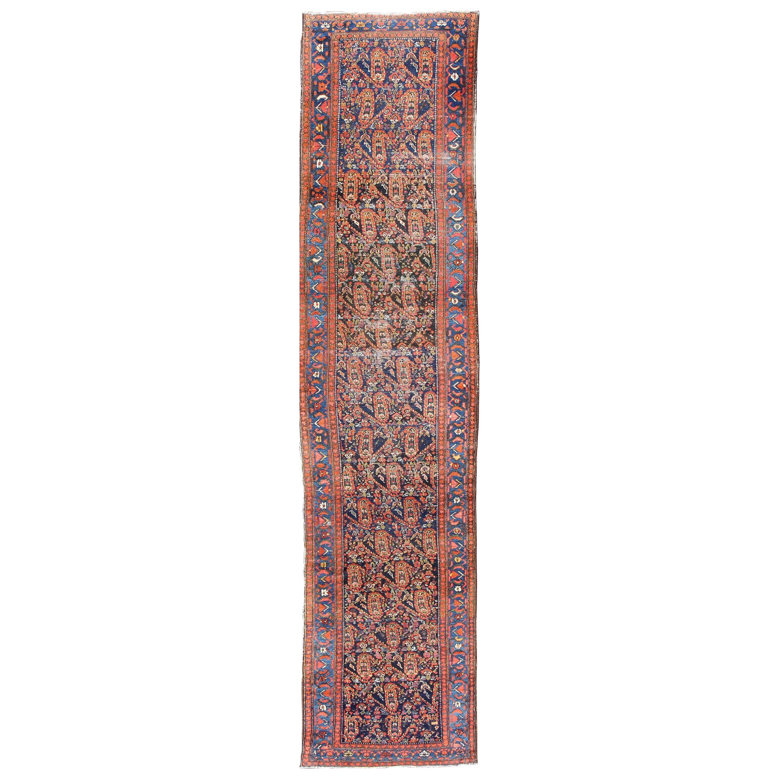All-Over Design Antique Persian Malayer Long Runner in Blue and Burnt Orange 