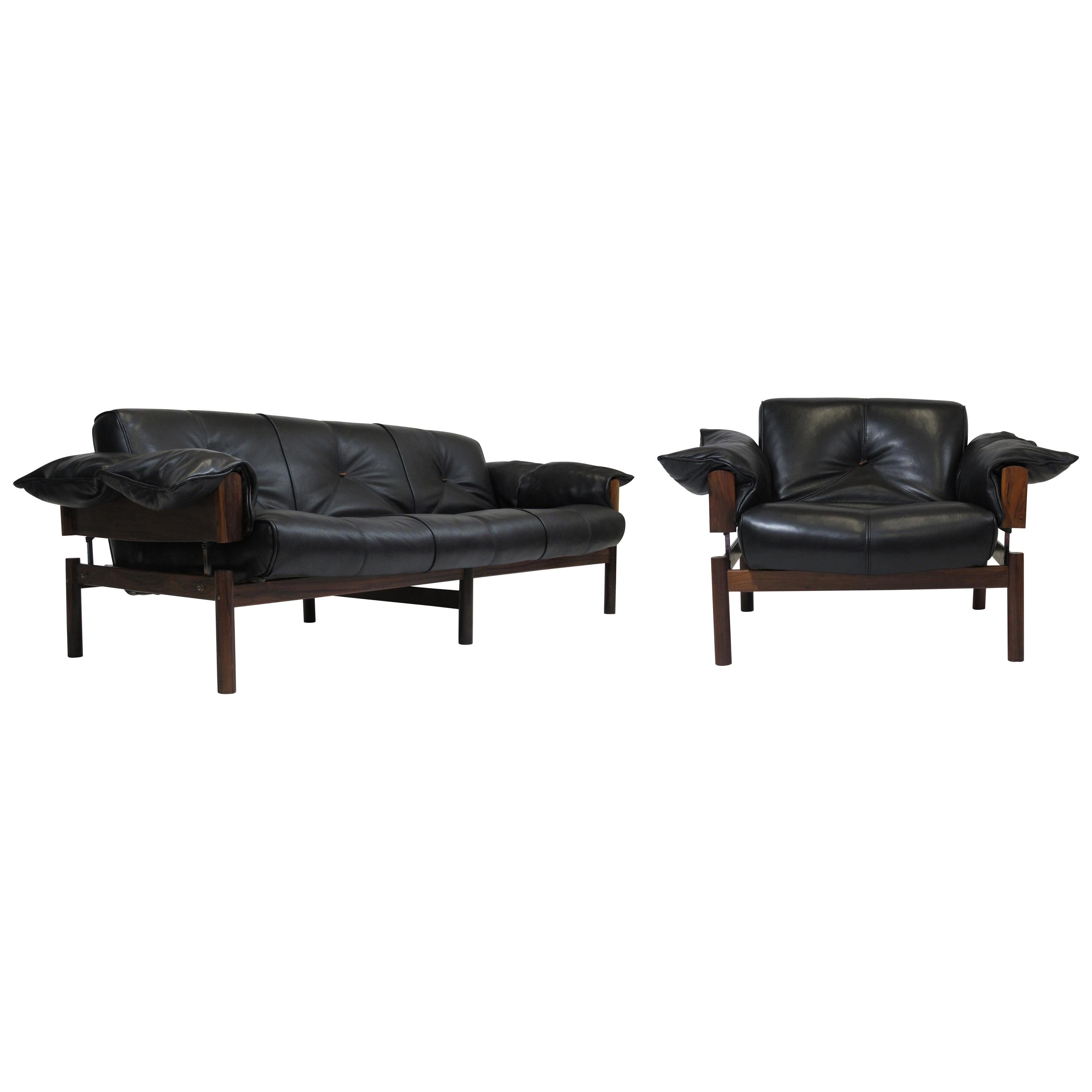1960 Percival Lafer Brazilian Rosewood Sofa and Chair in Black Leather