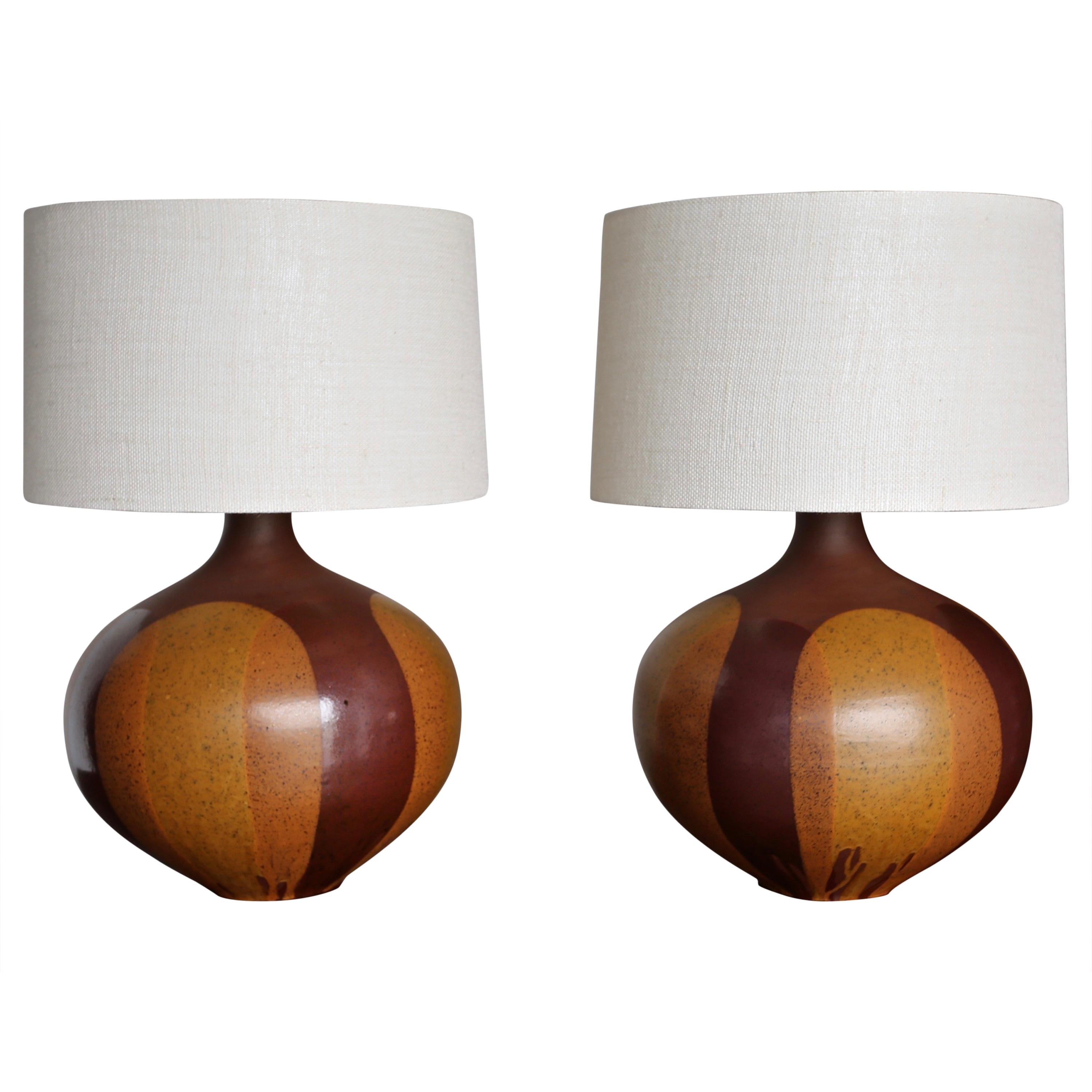 Large Scale Pair of "Flame Glaze" Ceramic Lamps by David Cressey