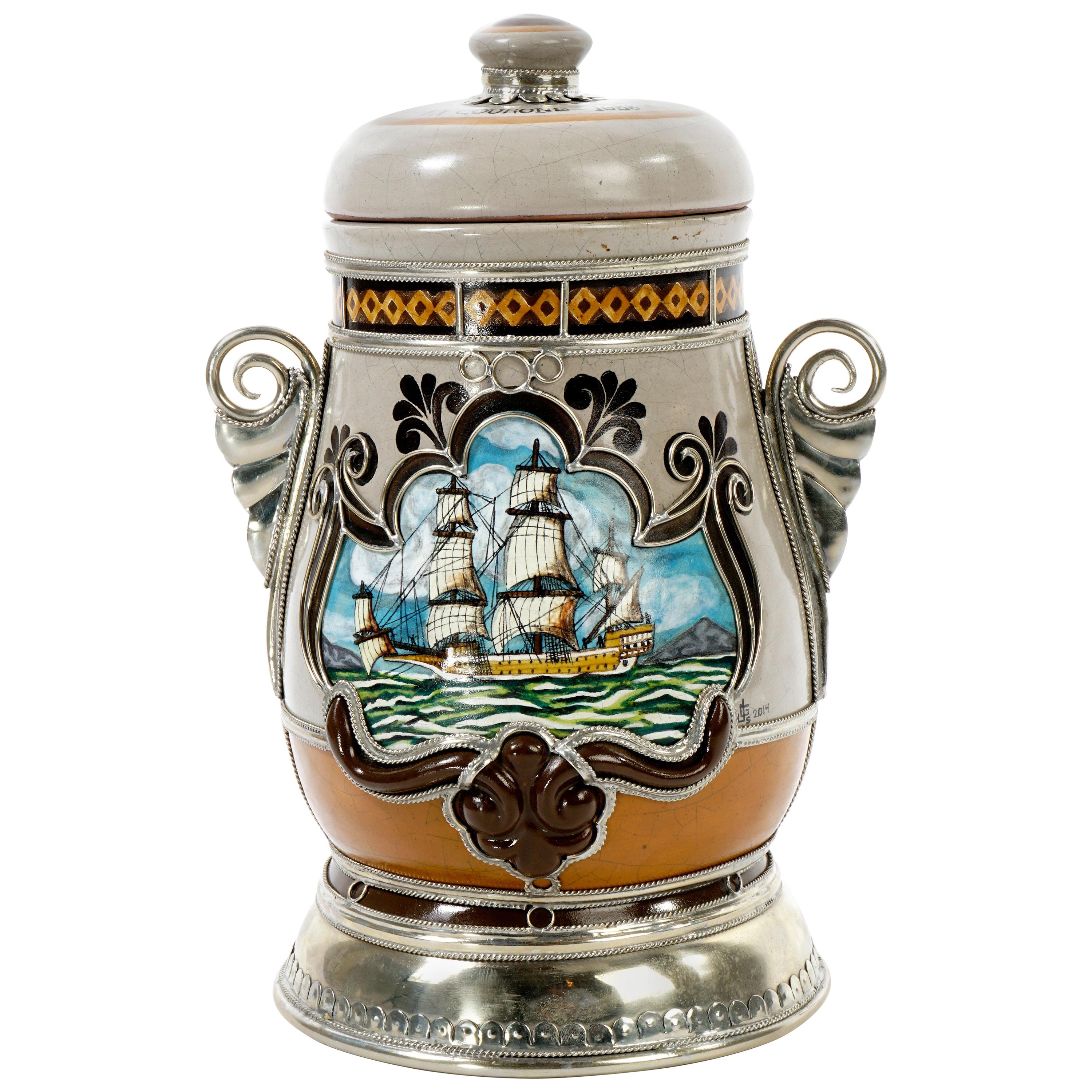 Handmade Galleon Jar, Ceramic and White Metal ‘Alpaca’, One of a Kind