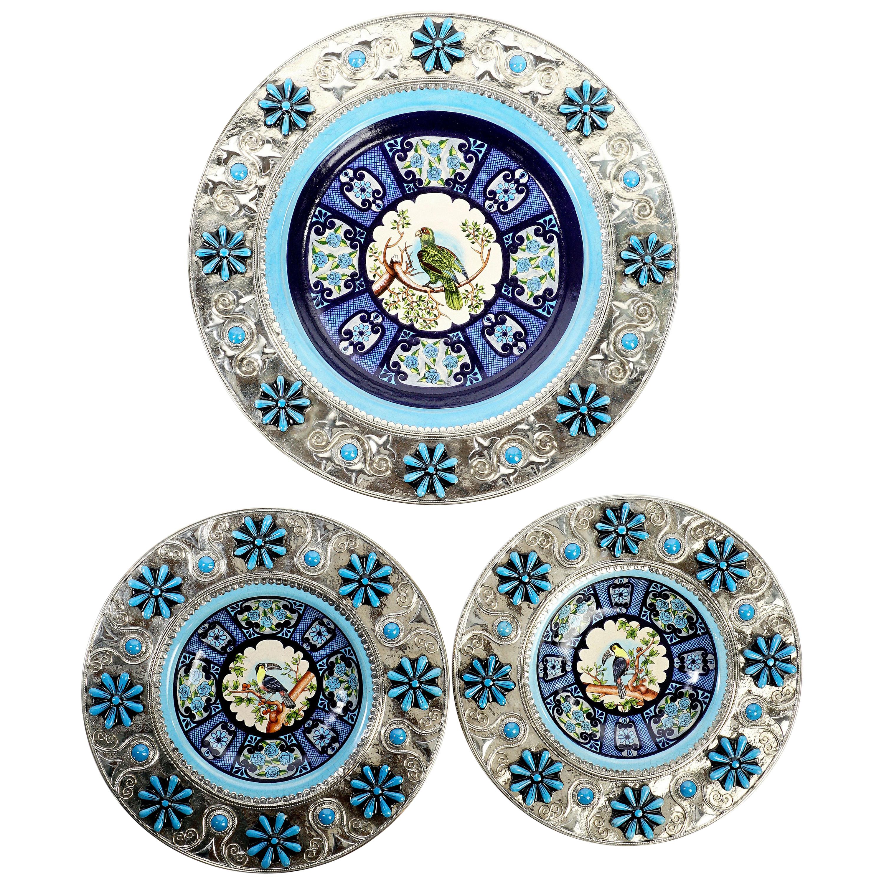 Ceramic and White Metal 'Alpaca' Toucans and Parrot Set of Plates