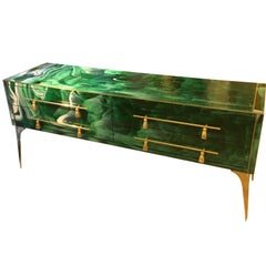 Italian Green Opaline Glass Chest of Drawers Malachite Effect and Brass, 1970s