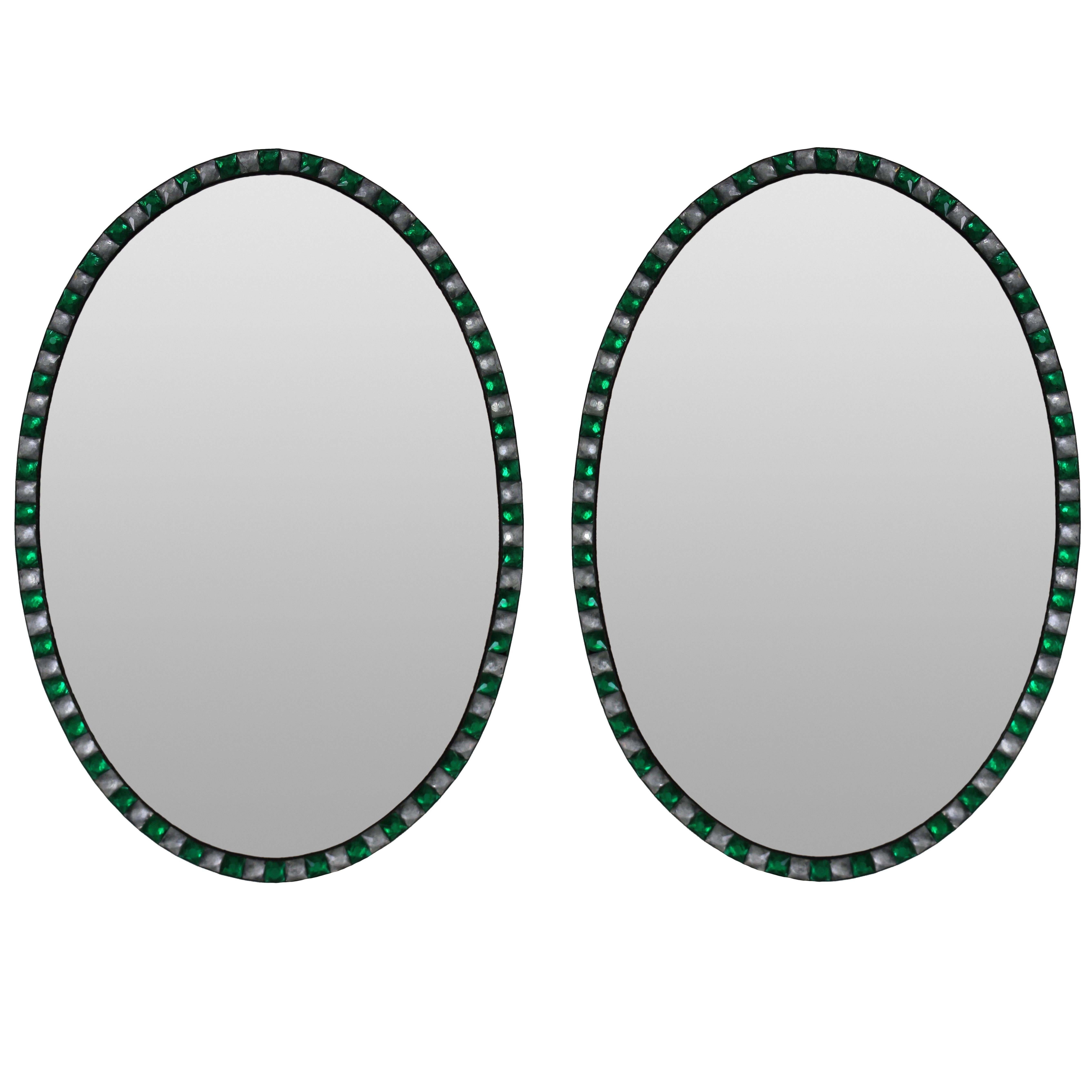 Pair of Stunning Irish Mirrors in Clear and Emerald Crystal