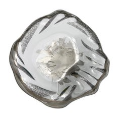 Vintage Unique Sculptural Art Glass Low Bowl with Silver Details
