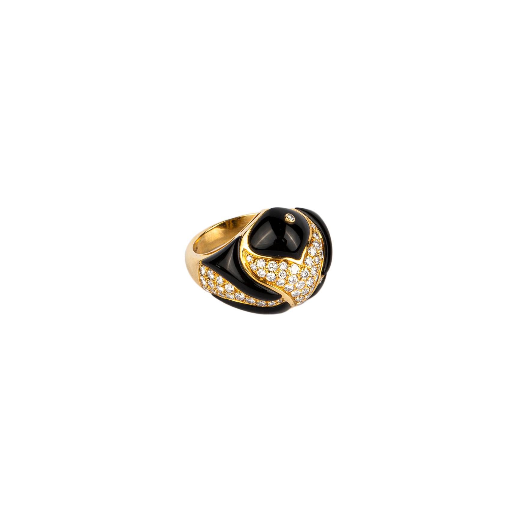 Mixed Cut Bulgari Gold, Onyx and Diamond Bombe Ring For Sale