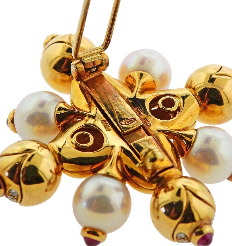 Women's or Men's Bulgari Gold Pearl Diamond Ruby Brooch Pin