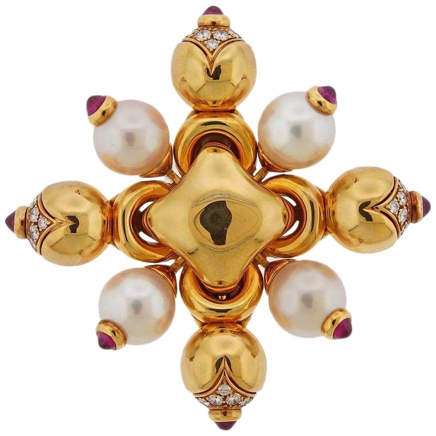 Bulgari Gold Pearl Diamond Ruby Brooch Pin