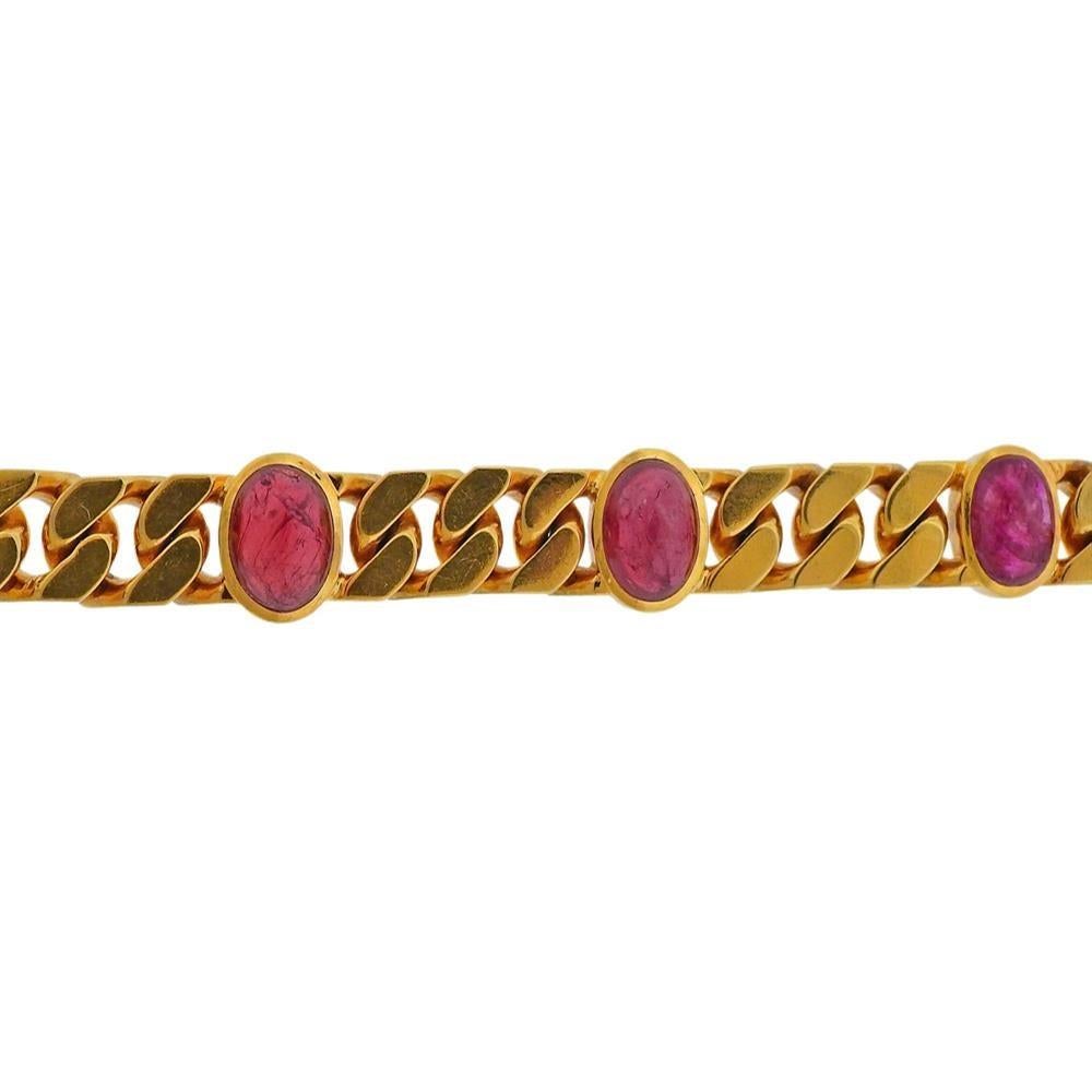 18k gold curb link bracelet with pink tourmaline cabochons (approx. 9mm x 6mm to 10mm x 8mm) by Bvlgari. Bracelet is 7 3/8