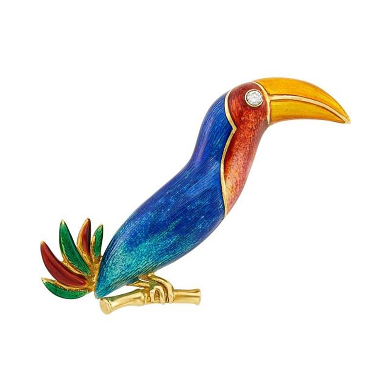Gold, Multicolored Enamel and Diamond Toucan Pendant by Bulgari
18 kt., the stylized toucan applied with blue green, yellow and red gradational enamel, with one round diamond eye, perched atop a polished branch, signed Bulgari, Italy, circa 1970.