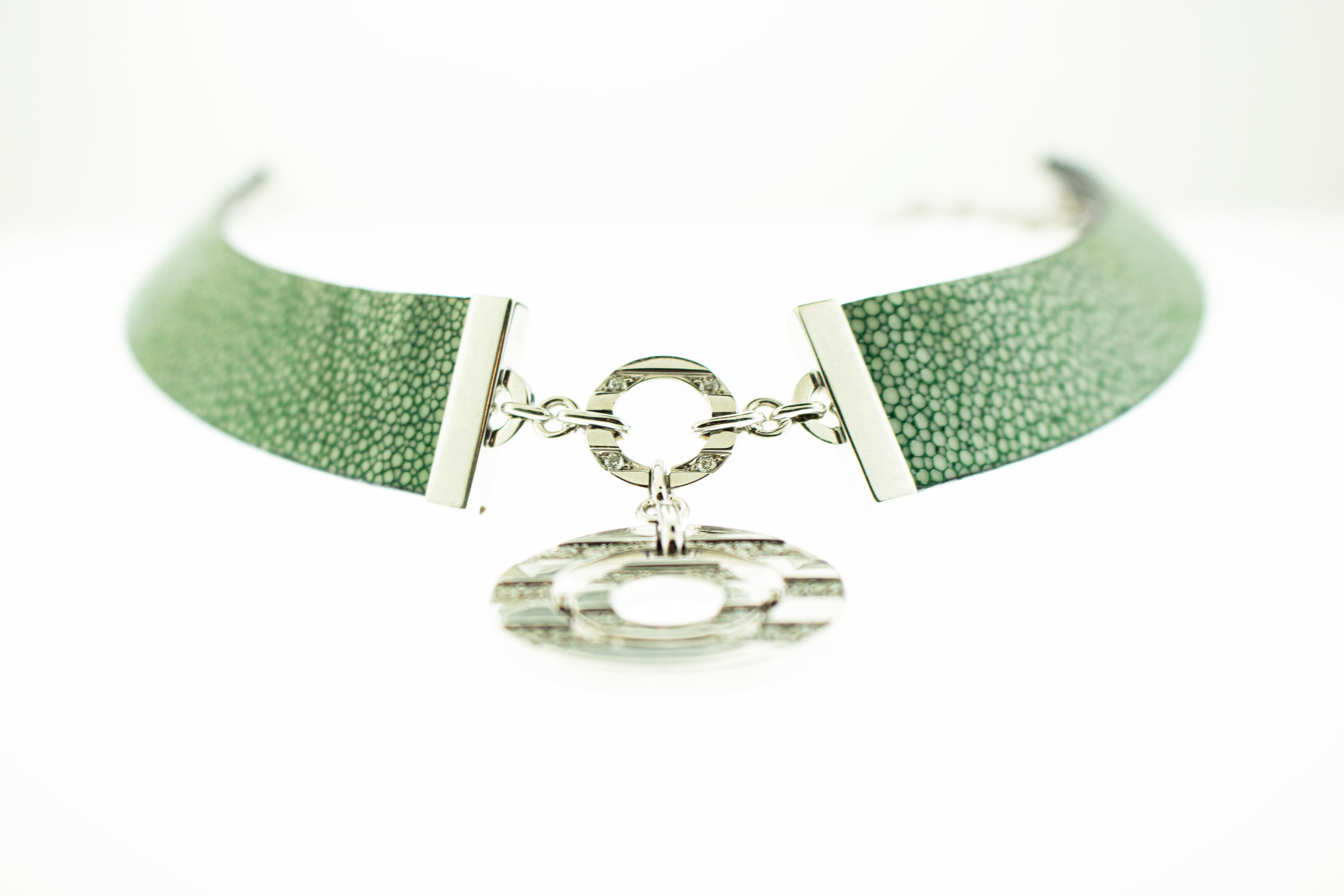 Bulgari 18k white gold, green stingray leather and diamond necklace and bracelet set. 15 and 8 inches